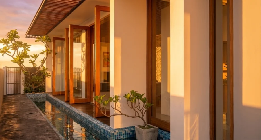 Desain Villa Tropis Satu Lantai dengan Kolam Renang Linear - tampak eksterior