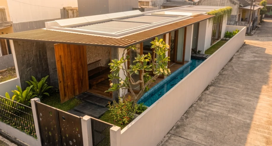 Desain Villa Tropis Satu Lantai dengan Kolam Renang Linear - tampak eksterior
