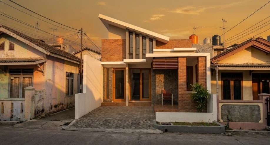 Desain Rumah Modern Tropis dengan Bata Ekspos dan Atap Miring - tampak eksterior
