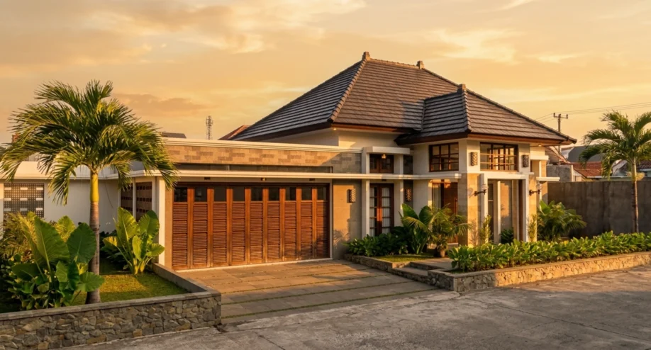 Desain Rumah Tropis Elegan Satu Lantai dengan Atap Limasan - tampak eksterior