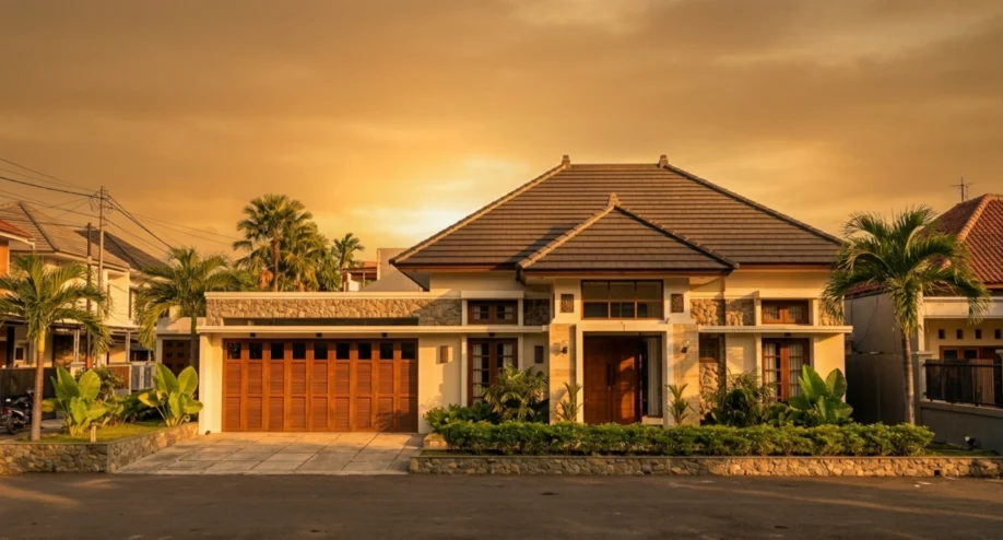 Desain Rumah Tropis Elegan Satu Lantai dengan Atap Limasan - tampak eksterior
