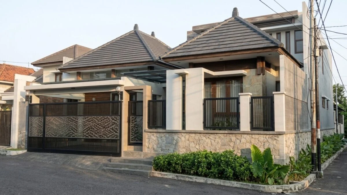 Rumah Tropis Modern dengan Material Alam dan Pagar Motif Daun - detail fasad