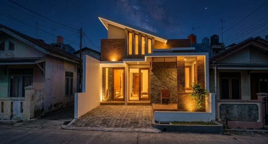 Desain Rumah Modern Tropis dengan Bata Ekspos dan Atap Miring - suasana malam