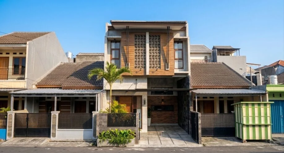 Desain Rumah Urban Tropis dengan Roster dan Fasad Kayu - suasana siang