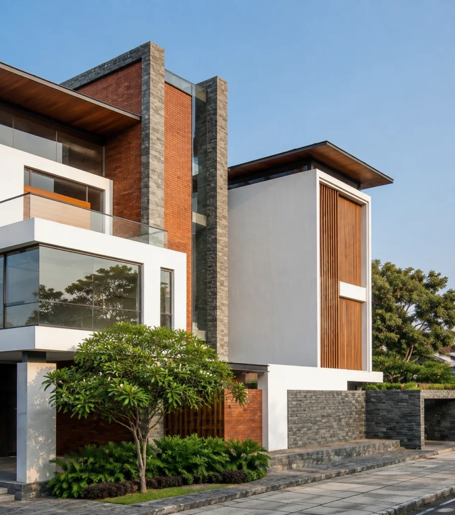 Desain Rumah Modern Tropis Tiga Lantai di Lahan Sudut - area taman