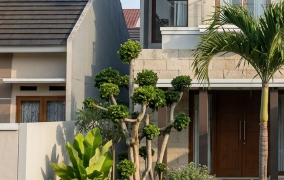 Rumah Modern Tropis 2 Lantai dengan Batu Alam dan Kisi Kayu - area taman