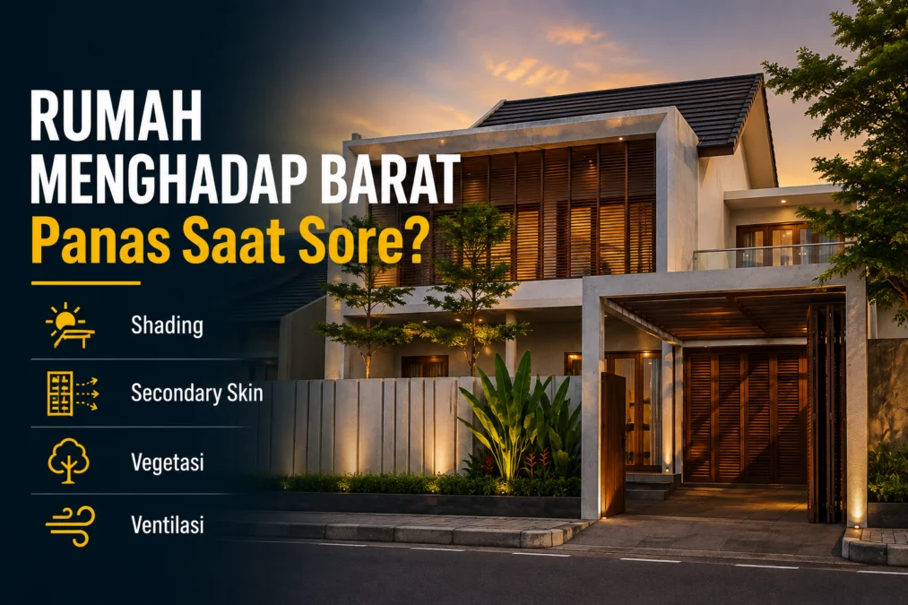 Desain rumah menghadap barat dengan perlindungan terhadap matahari sore