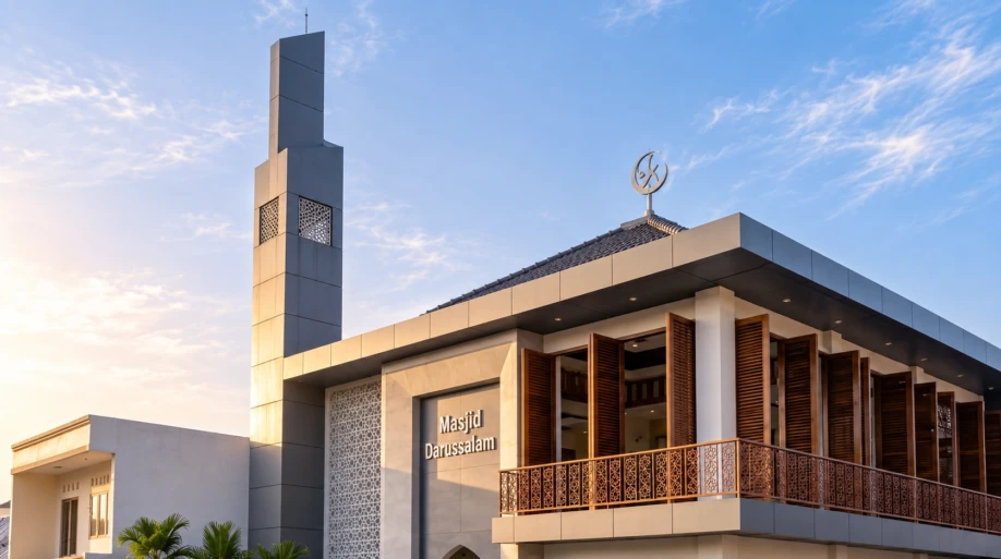 Desain Masjid Modern Dua Lantai di Lahan Sudut - detail proyek