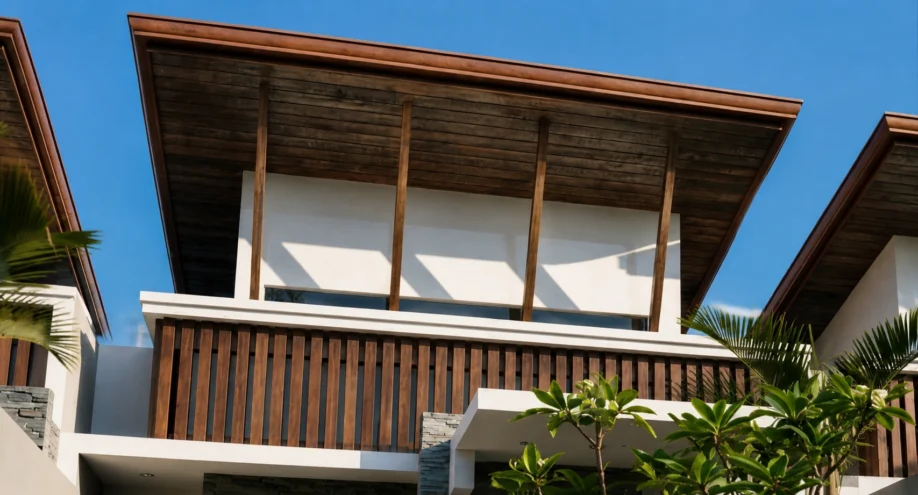 Desain Townhouse Modern Tropis dengan Atap Kantilever - detail fasad