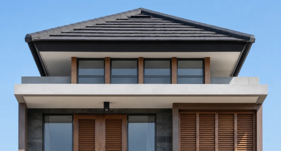 Desain Rumah Modern Tropis Dua Lantai di Lahan Sempit - detail fasad