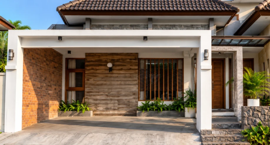 Desain Rumah Tropis Kontemporer dengan Dua Atap Limasan - detail fasad