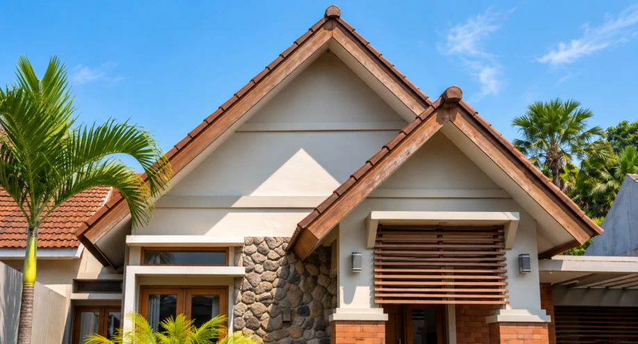 Desain Rumah Tropis Kontemporer dengan Atap Pelana Bertingkat - tampak eksterior