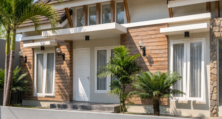 Desain Rumah Modern Tropis dengan Atap Pelana Bertingkat - detail fasad