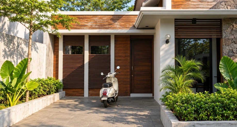 Desain Rumah Modern Tropis Satu Lantai dengan Gevel Kayu - tampak eksterior