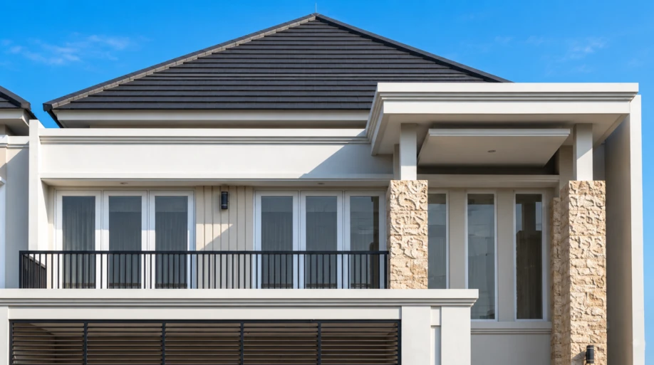 Desain Rumah Klasik Modern Dua Lantai dengan Secondary Skin - tampak eksterior