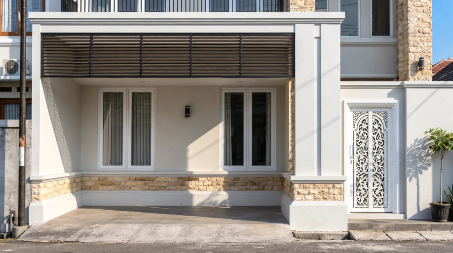 Desain Rumah Klasik Modern Dua Lantai dengan Secondary Skin - detail fasad