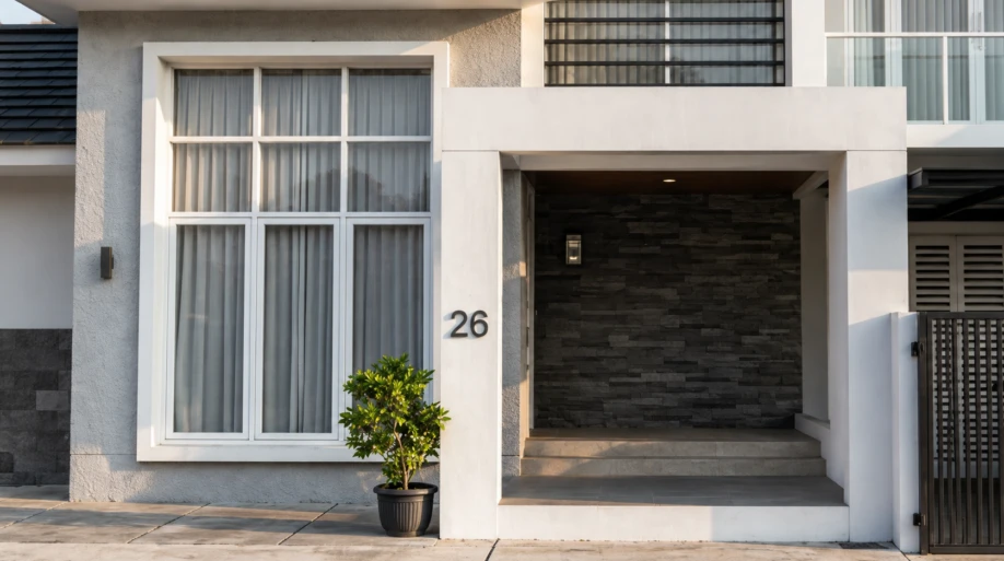 Desain Rumah Modern Tropis dengan Atap Bertingkat dan Balkon Kaca - detail proyek