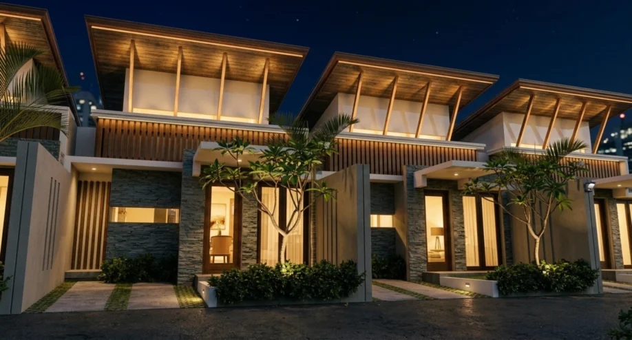 Desain Townhouse Modern Tropis dengan Atap Kantilever - tampak eksterior