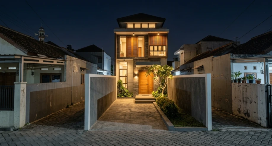 Desain Rumah Modern Tropis Dua Lantai di Lahan Sempit - tampak eksterior