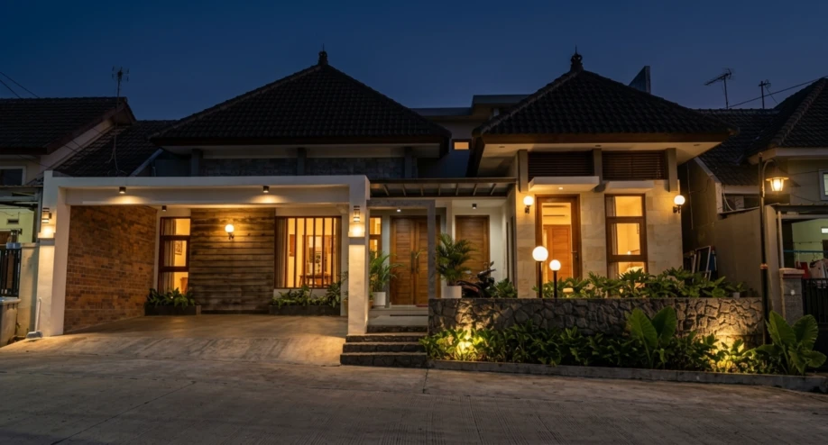Desain Rumah Tropis Kontemporer dengan Dua Atap Limasan - tampak eksterior