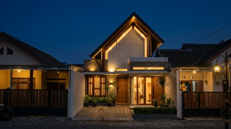 Desain Rumah Modern Tropis dengan Atap Pelana Asimetris - tampak eksterior