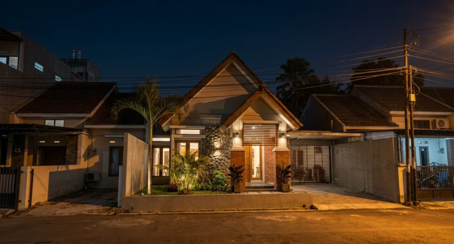 Desain Rumah Tropis Kontemporer dengan Atap Pelana Bertingkat - tampak eksterior