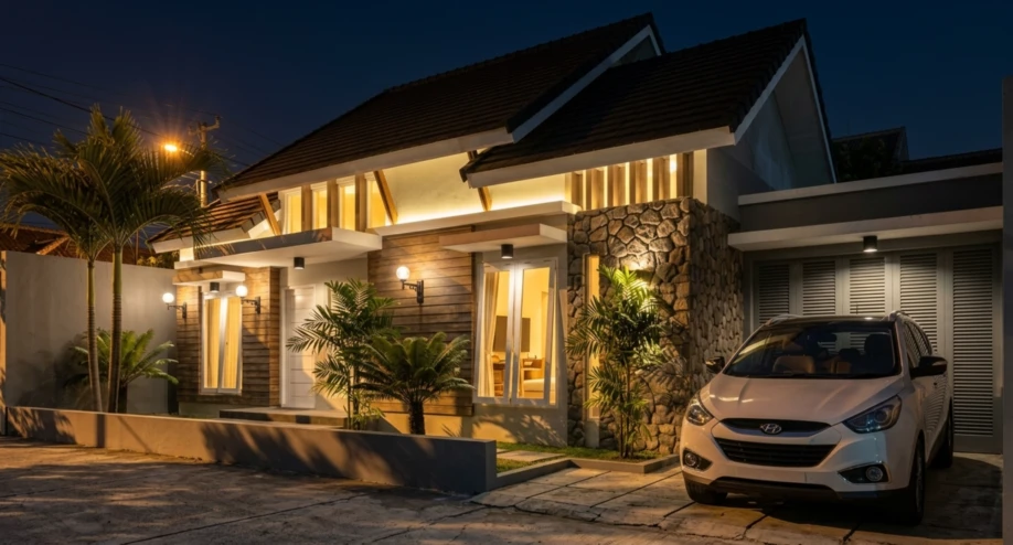 Desain Rumah Modern Tropis dengan Atap Pelana Bertingkat - tampak eksterior