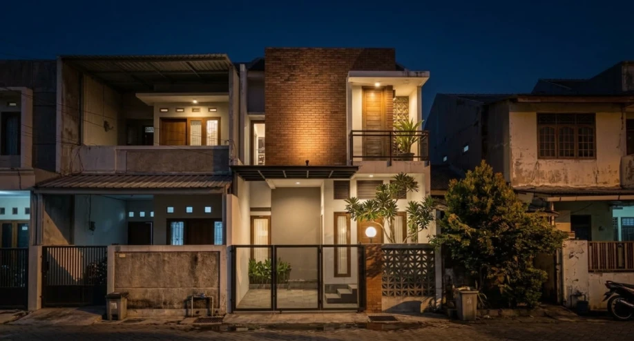 Desain Rumah Minimalis Industrial Dua Lantai dengan Bata Ekspos - tampak eksterior