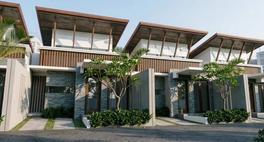 Desain Townhouse Modern Tropis dengan Atap Kantilever - tampak eksterior