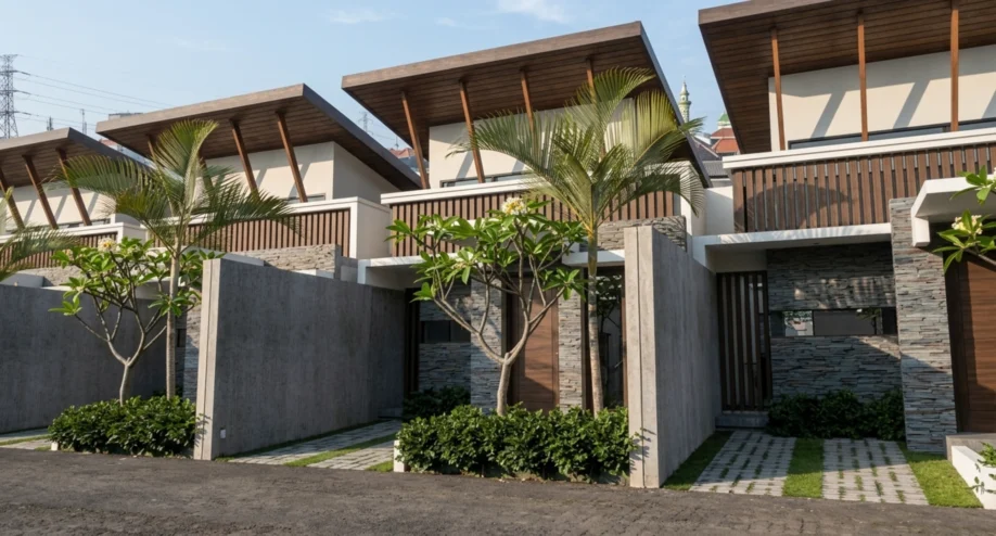 Desain Townhouse Modern Tropis dengan Atap Kantilever - tampak eksterior