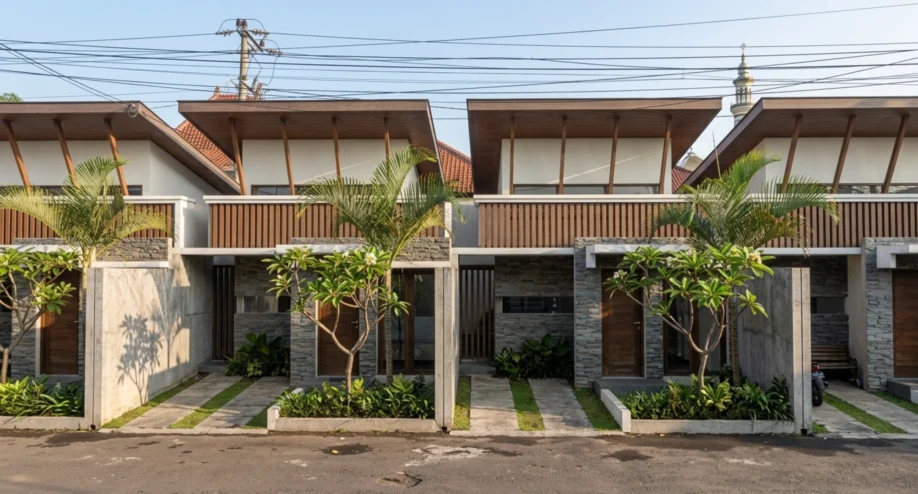 Desain Townhouse Modern Tropis dengan Atap Kantilever - tampak eksterior
