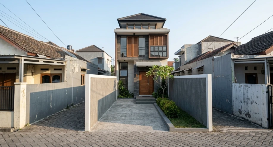 Desain Rumah Modern Tropis Dua Lantai di Lahan Sempit - tampak eksterior