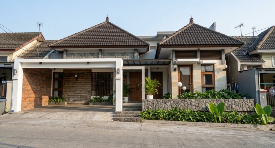 Desain Rumah Tropis Kontemporer dengan Dua Atap Limasan - tampak eksterior