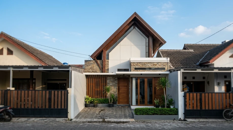 Desain Rumah Modern Tropis dengan Atap Pelana Asimetris - tampak eksterior