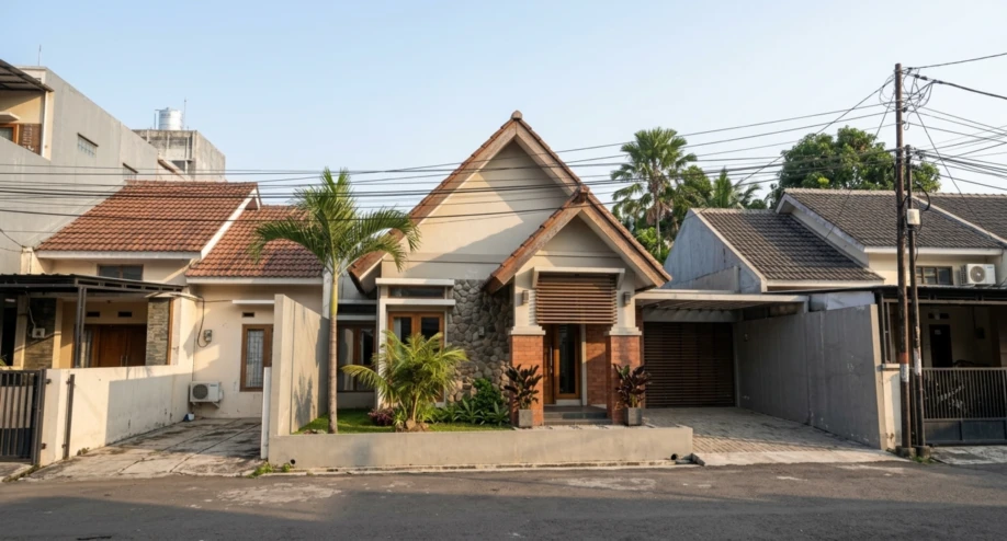 Desain Rumah Tropis Kontemporer dengan Atap Pelana Bertingkat - tampak eksterior