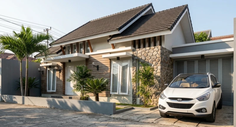 Desain Rumah Modern Tropis dengan Atap Pelana Bertingkat - tampak eksterior
