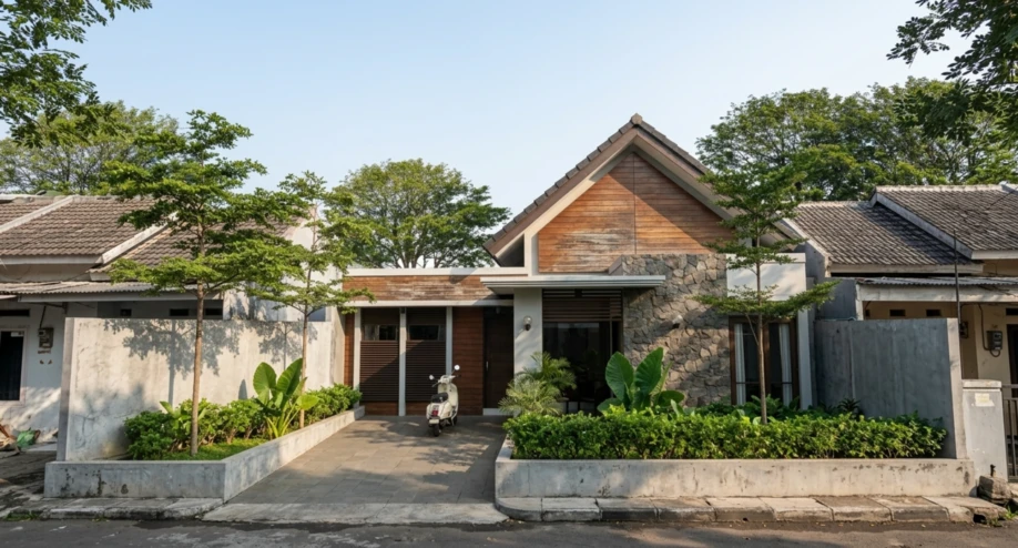 Desain Rumah Modern Tropis Satu Lantai dengan Gevel Kayu - tampak eksterior