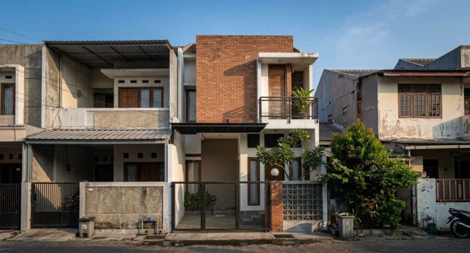 Desain Rumah Minimalis Industrial Dua Lantai dengan Bata Ekspos - tampak eksterior