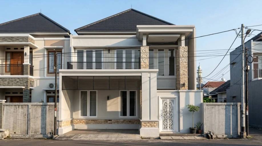 Desain Rumah Klasik Modern Dua Lantai dengan Secondary Skin - tampak eksterior
