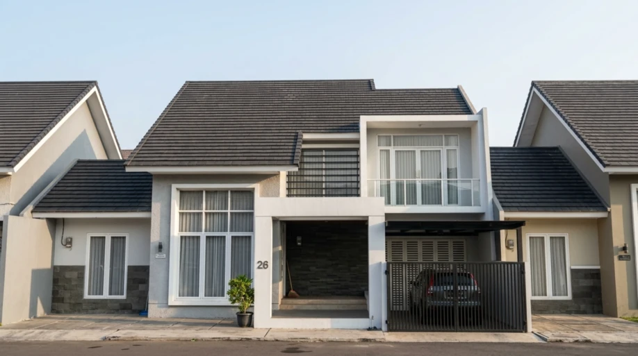 Desain Rumah Modern Tropis dengan Atap Bertingkat dan Balkon Kaca - tampak eksterior