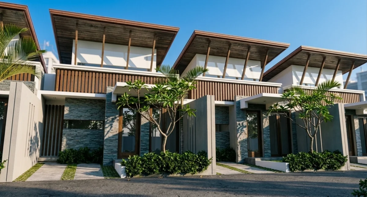 Deretan townhouse modern tropis dengan atap kantilever, secondary skin kayu, batu alam, entrance, dan taman depan.