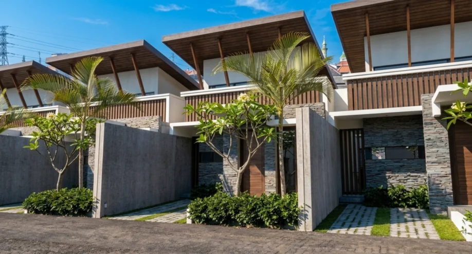 Desain Townhouse Modern Tropis dengan Atap Kantilever - tampak eksterior