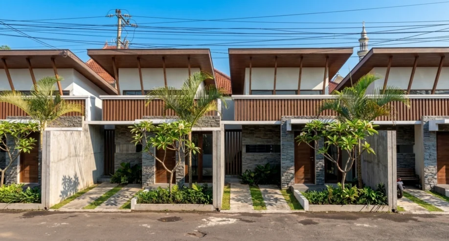 Desain Townhouse Modern Tropis dengan Atap Kantilever - tampak eksterior
