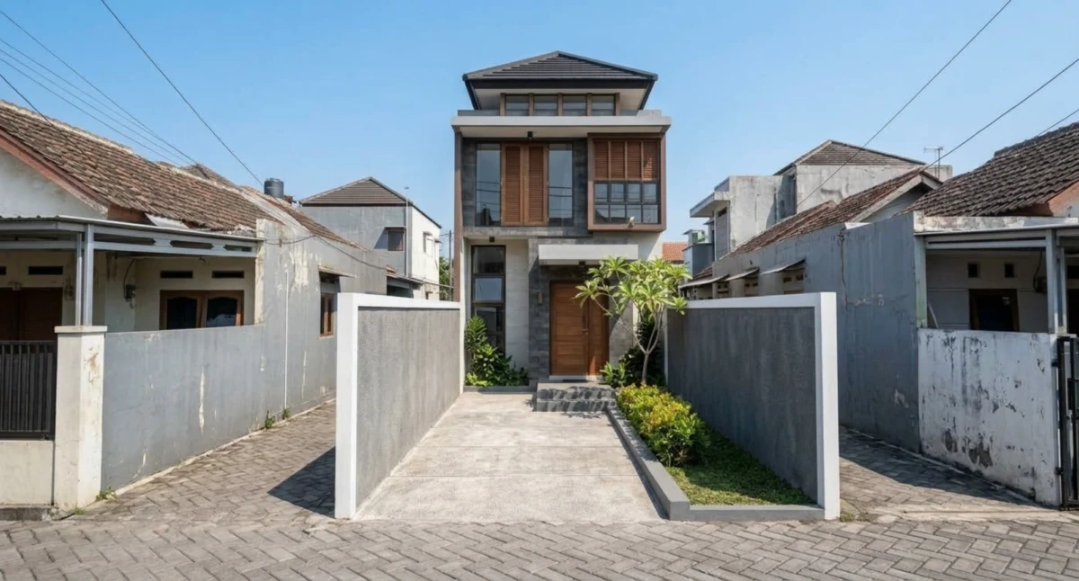 Desain Rumah Modern Tropis Dua Lantai di Lahan Sempit - tampak eksterior