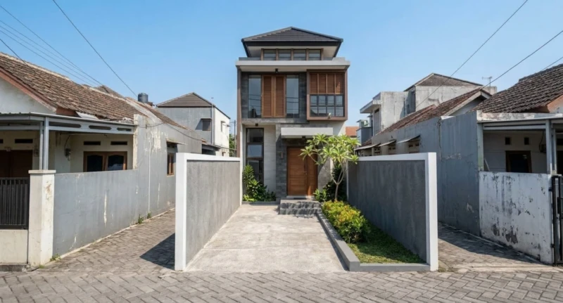 Desain Rumah Modern Tropis Dua Lantai di Lahan Sempit - tampak eksterior