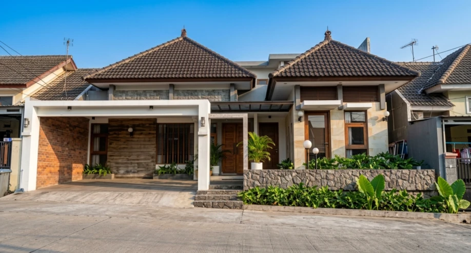 Desain Rumah Tropis Kontemporer dengan Dua Atap Limasan - tampak eksterior