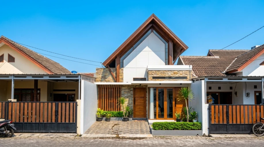 Desain Rumah Modern Tropis dengan Atap Pelana Asimetris - tampak eksterior