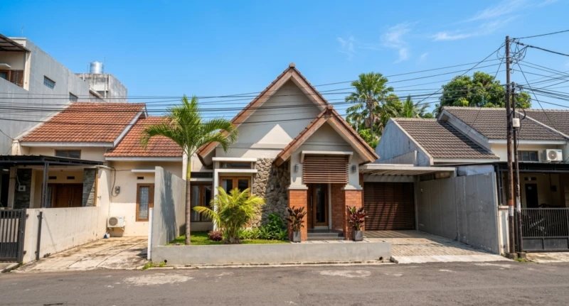 Desain Rumah Tropis Kontemporer dengan Atap Pelana Bertingkat - tampak eksterior