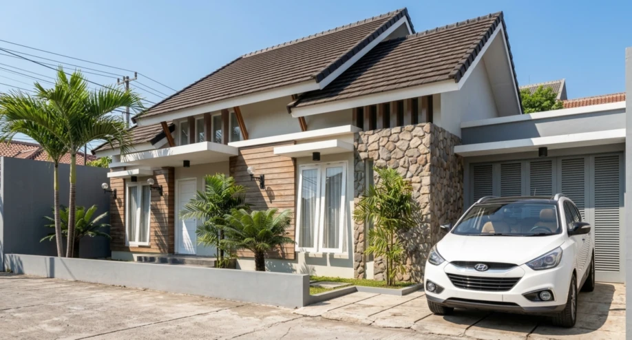 Desain Rumah Modern Tropis dengan Atap Pelana Bertingkat - tampak eksterior