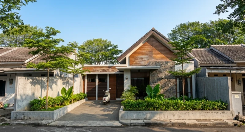 Desain Rumah Modern Tropis Satu Lantai dengan Gevel Kayu - tampak eksterior